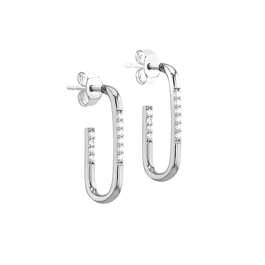 Sterling Silver Rhodium Plated Cubic Zirconia Rectangular Half Hoop Earrings