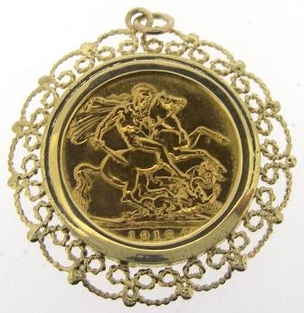 Vintage 9ct Yellow Gold Full Sovereign Pendant With 22ct Gold 1912 King George V Full Sovereign Coin