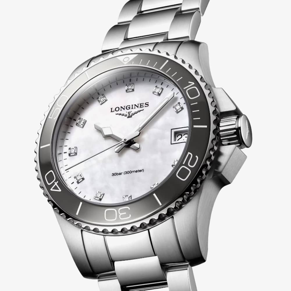 Longines Ladies HydroConquest Quartz Watch 32mm Ceramic Bezel Mother of Pearl Dial with Diamond Hour Markers