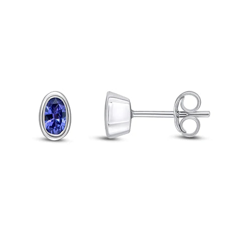 9ct White Gold Oval Tanzanite Rubover Stud Earrings