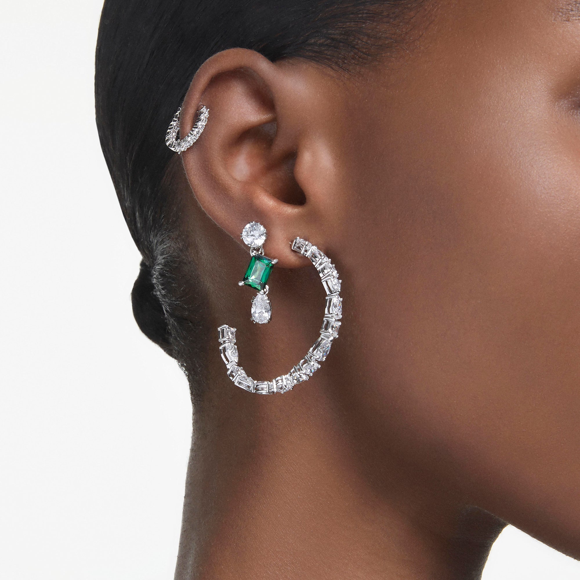 Swarovski Mesmera Drop Earrings - Rhodium Plated - Mixed Cuts White & Green Crystal