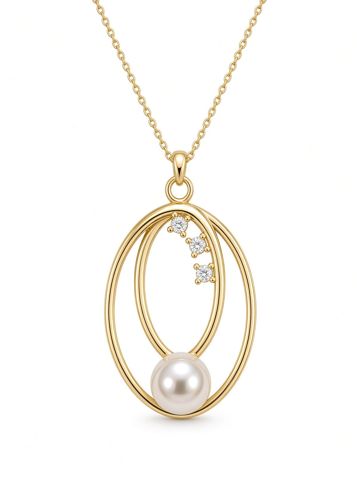 9ct Yellow Gold Double Oval CZ & Pearl Pendant