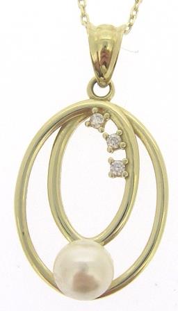 9ct Yellow Gold Double Oval Cubic Zirconia & Pearl Pendant