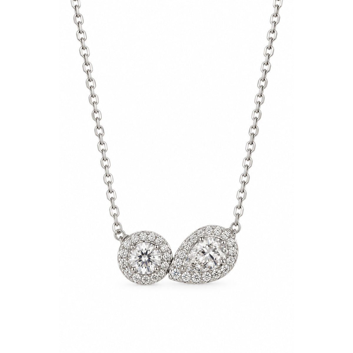 9ct White Gold 'Toi et Moi' Round Brilliant Diamond Necklace, Round And Pear Shape