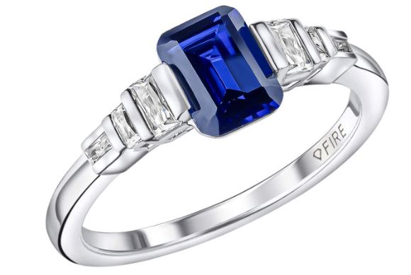 Diamondfire Sterling Silver Emerald Cut Synthetic Sapphire And CZ Ring