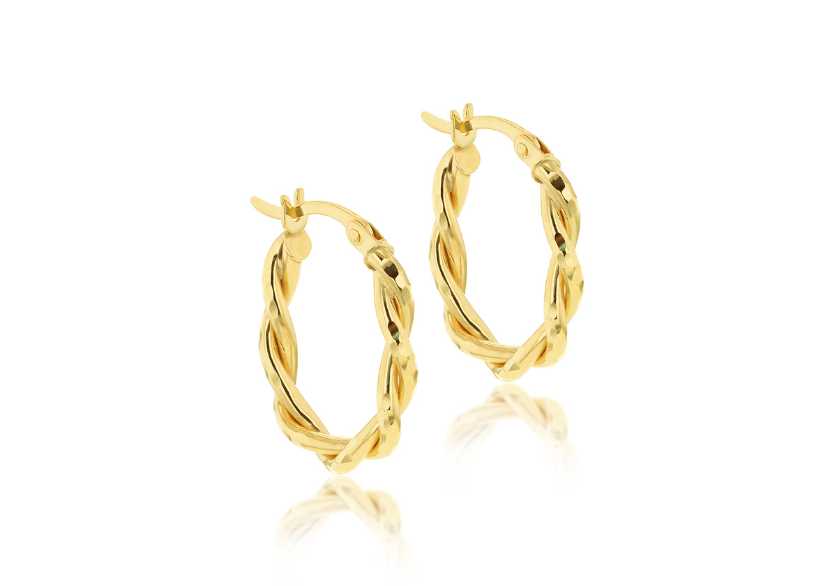 9ct Yellow Gold Diamond Cut Twist Oval Hoop Earrings 19mm