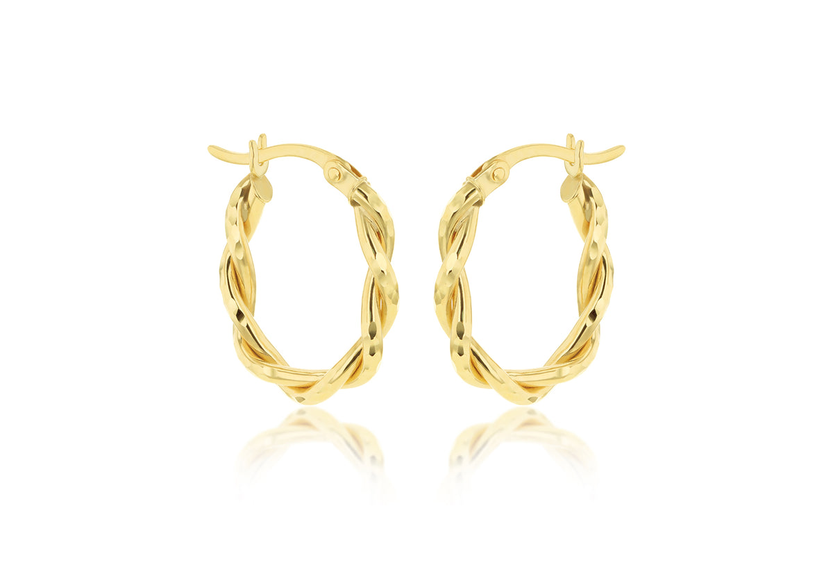 9ct Yellow Gold Diamond Cut Twist Oval Hoop Earrings 19mm