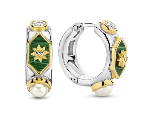 Ti Sento Green Malachite Hoops - Silver & Gold, 10mm Earrings
