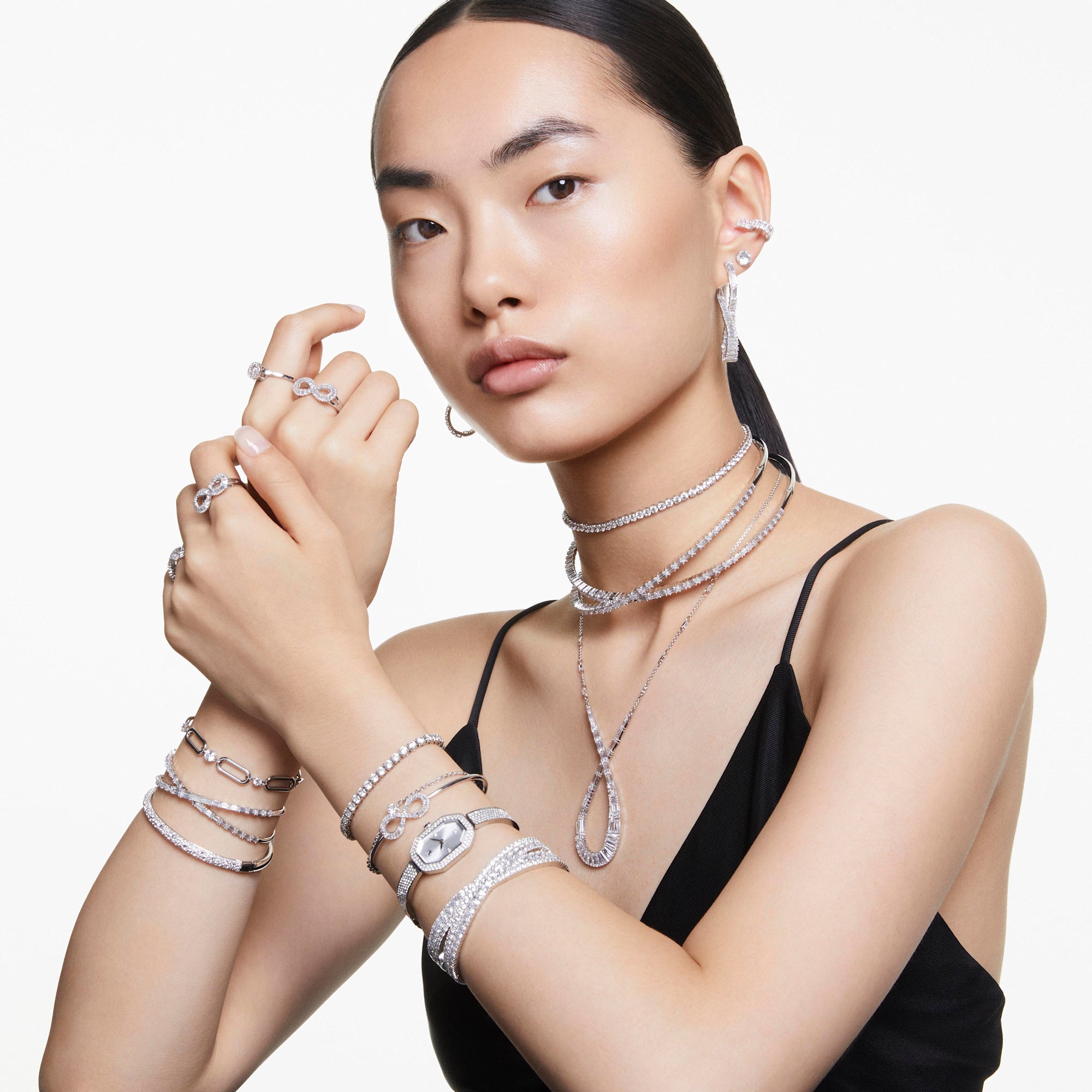 Swarovski Sublima Bangle - Rhodium Plated - White Crystals - M Bracelet