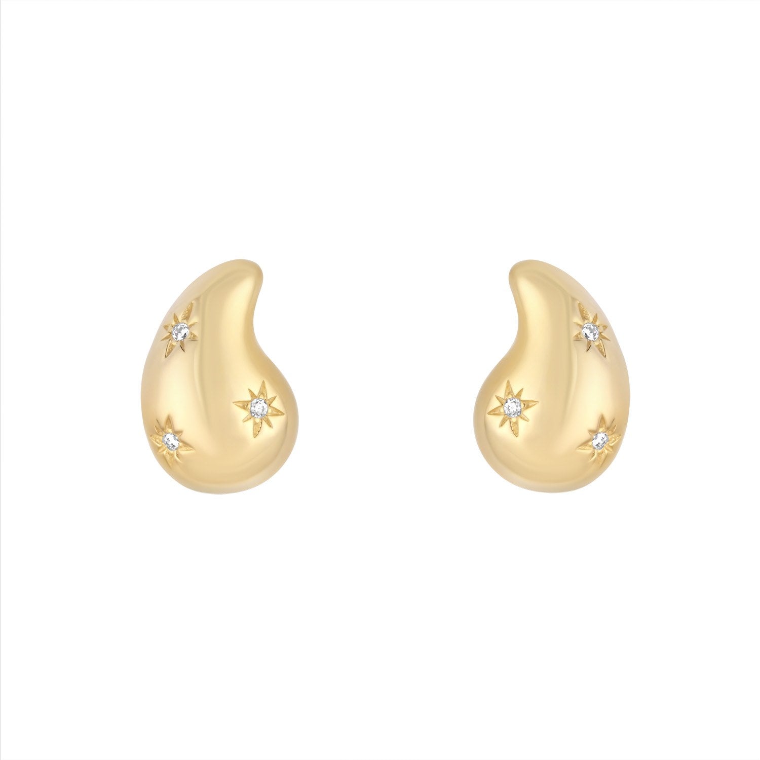 Sterling Silver Yellow Gold Plated 3 Cubic Zirconia Star Chunky Teardrop Stud Earrings