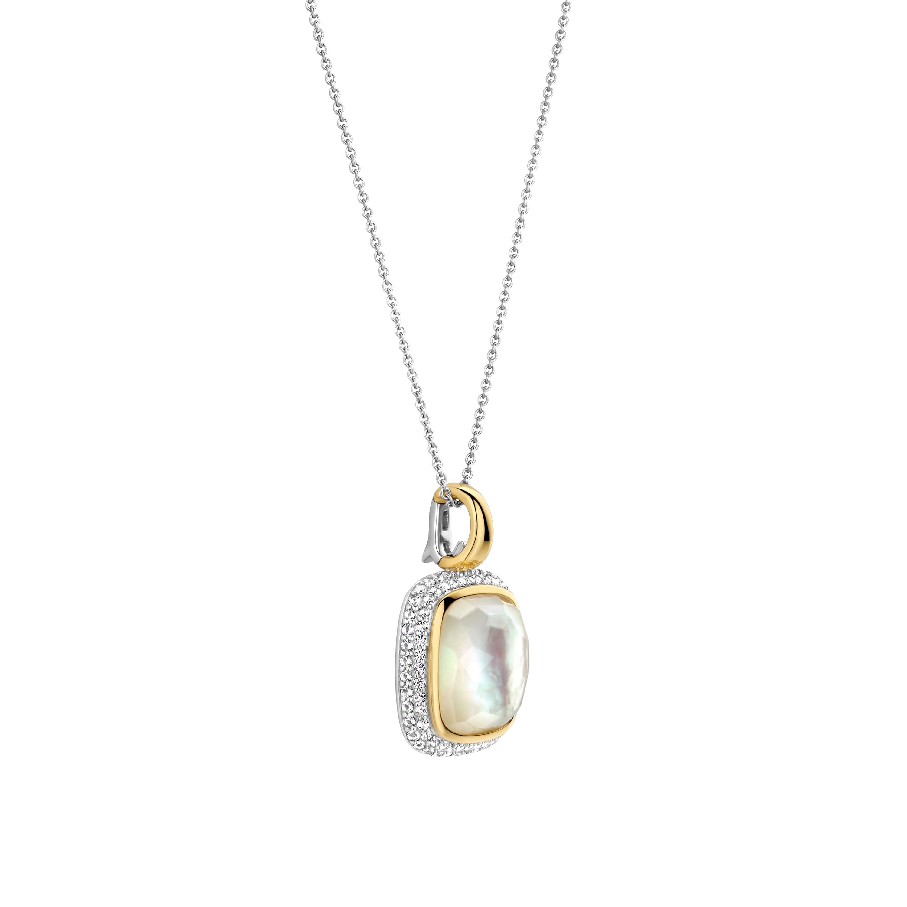 Ti Sento Sterling Silver & Yellow Gold Plated Mother of Pearl Cushion Shape Pendant with Cubic Zirconia 45cm