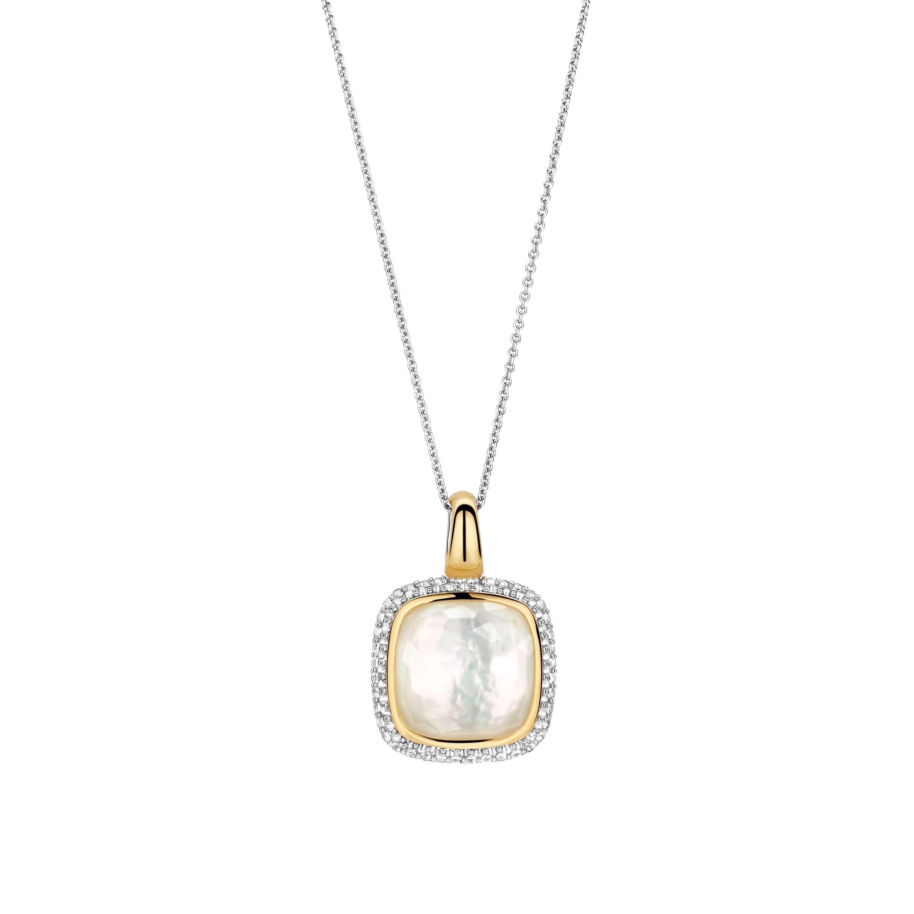 Ti Sento Sterling Silver & Yellow Gold Plated Mother of Pearl Cushion Shape Pendant with Cubic Zirconia 45cm