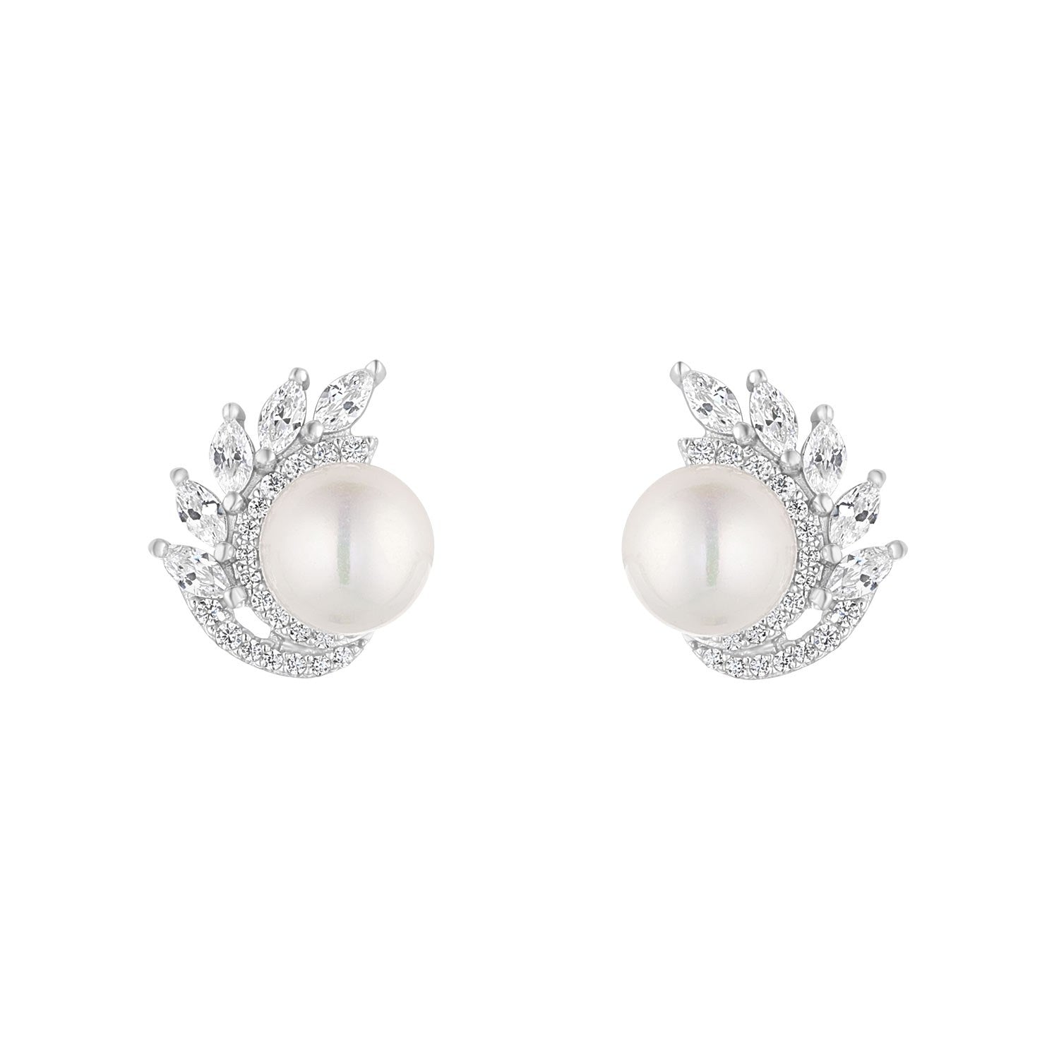 Sterling Silver Fresh Water Pearl Cubic Zirconia Cluster Stud Earrings