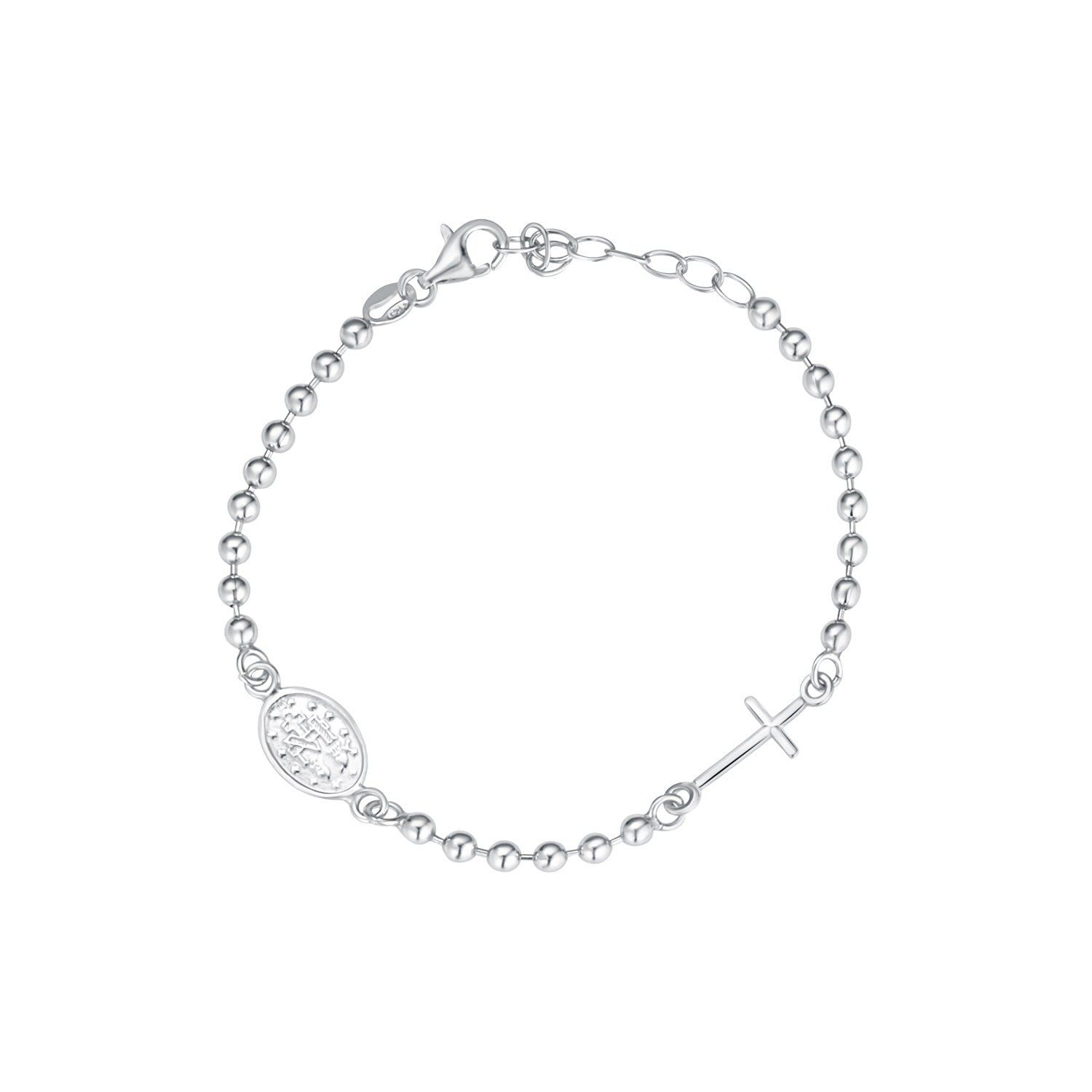 Sterling Silver Miraculous & Cross Ball Chain Bracelet 15-18cm