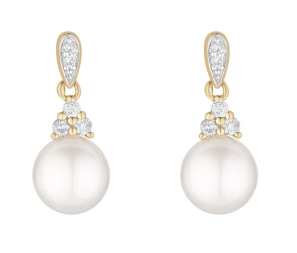 9ct Yellow Gold Diamond And Freshwater Pearl Drop Earrings