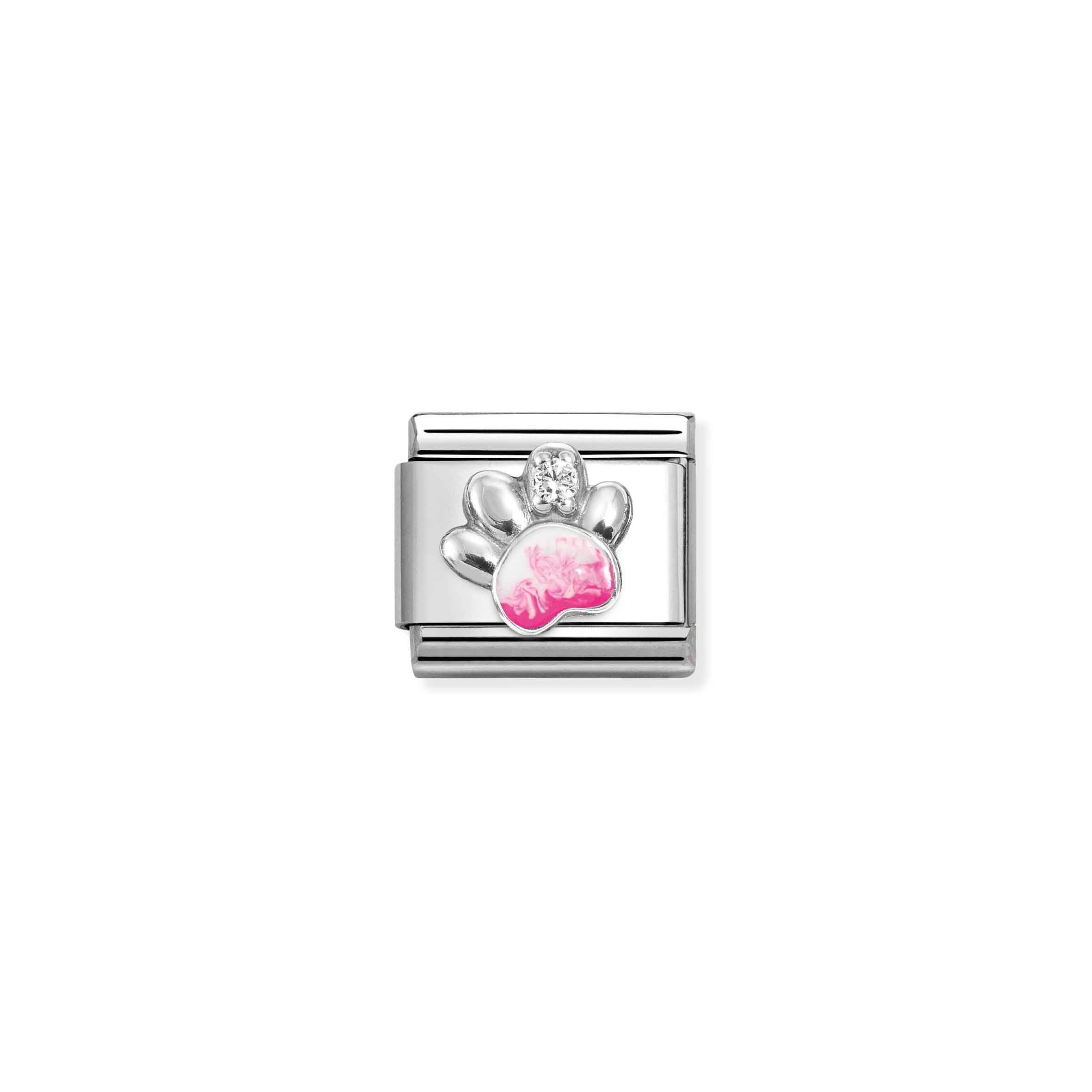 Nomination Composable Classic Pink & White Paw Charm - Stainless Steel & Sterling Silver with Enamel & Cubic Zirconia