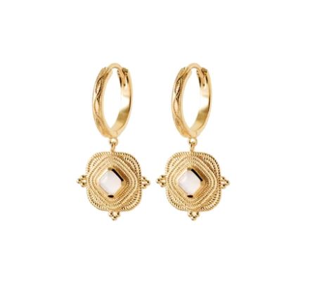 Burren - The Oasis, Yellow Gold Plated Drop Hoop Earrings With Moonstone Centre