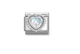 Nomination Composable Classic Faceted White Cubic Zirconia Heart with Beaded Edge Charm - Stainless Steel & Sterling Silver