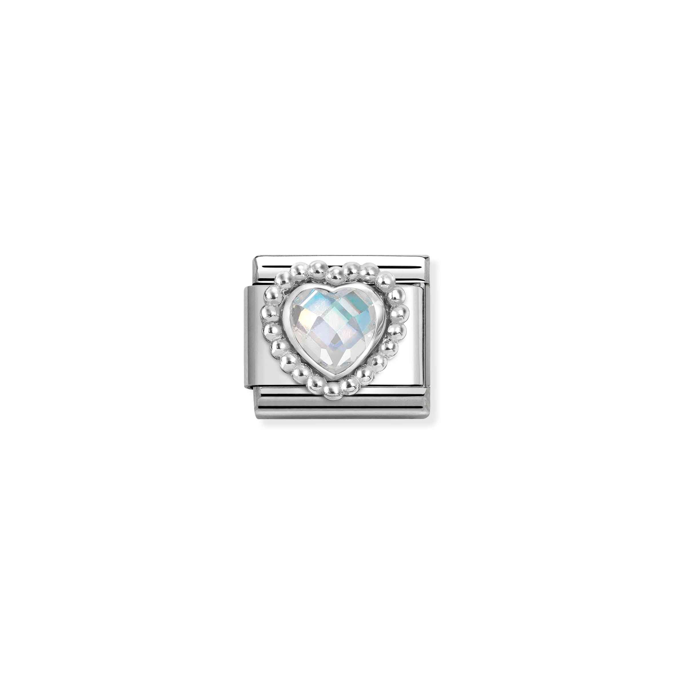 Nomination Composable Classic Faceted White Cubic Zirconia Heart with Beaded Edge Charm - Stainless Steel & Sterling Silver