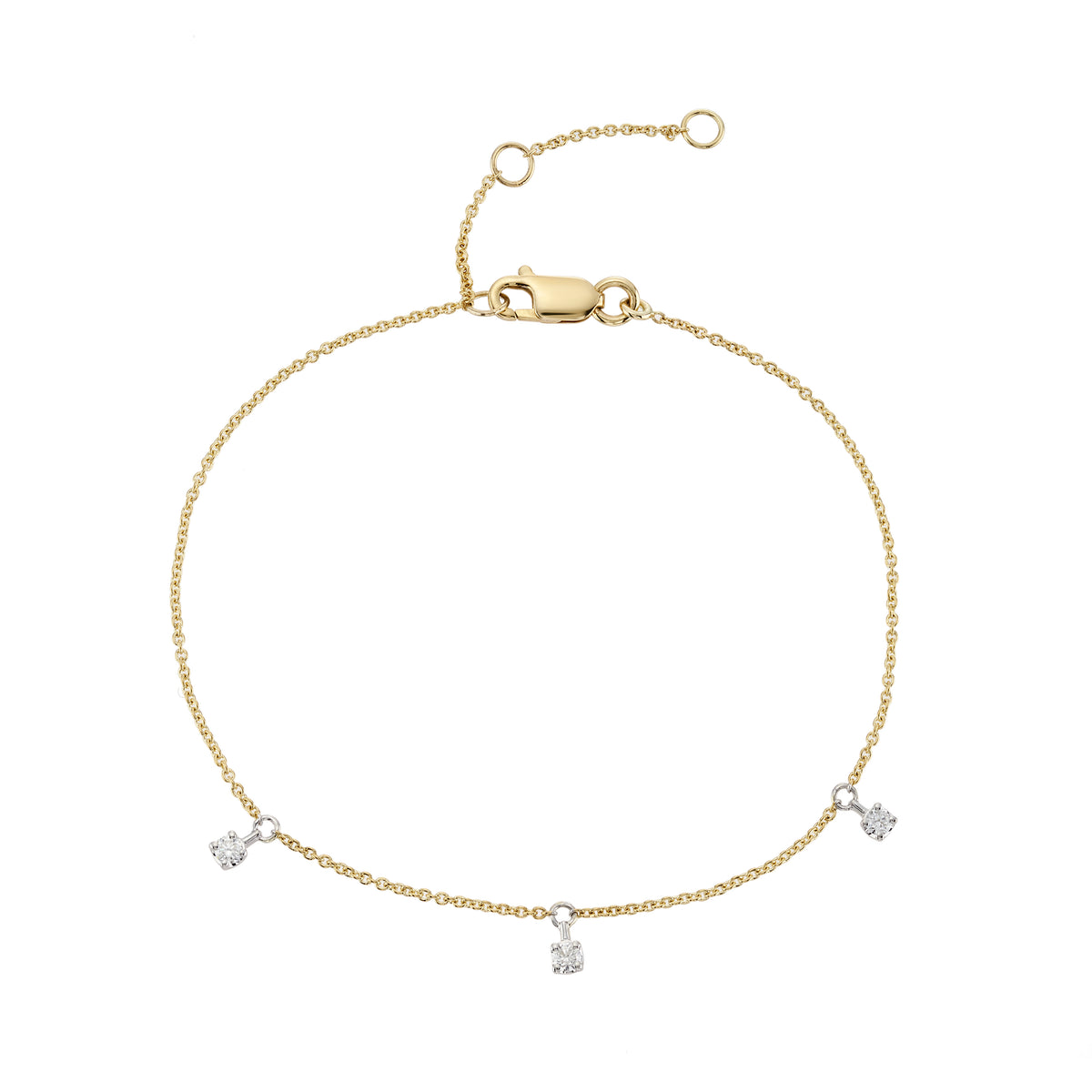 9ct Yellow Gold Bracelet with Three Hanging Diamonds Set in White Gold 0.09ct