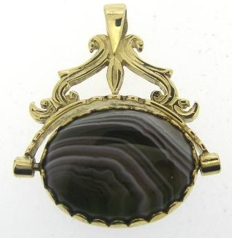Vintage 9ct Yellow Gold Green And Brown Striped Agate Double Side Fob