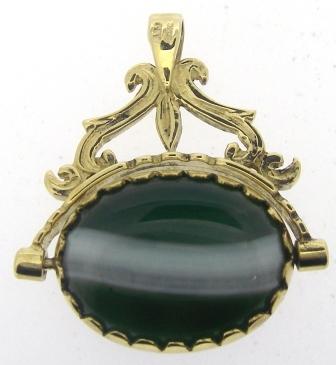 Vintage 9ct Yellow Gold Green And Brown Striped Agate Double Side Fob