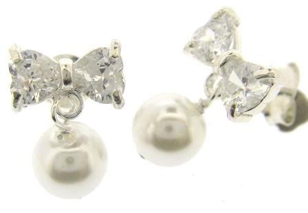 Sterling Silver CZ Bow & Synthetic Pearl Drop Earrings