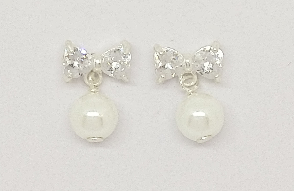 Sterling Silver CZ Bow & Synthetic Pearl Drop Earrings