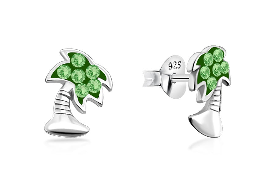 Sterling Silver Green CZ Palm Tree Stud Earrings