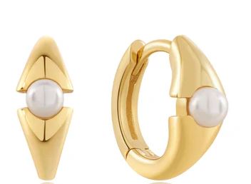 Ania Haie Silver and Yellow Gold Plated Shell Pearl Geometric Huggie Hoop Earrings