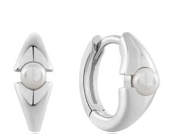 Ania Haie Silver Shell Pearl Geometric Huggie Hoop Earrings 14x11mm