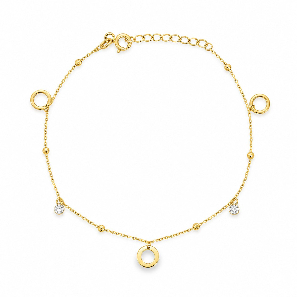 9ct Yellow Gold Bead Bracelet with Cubic Zirconia & Circle Charms 7'