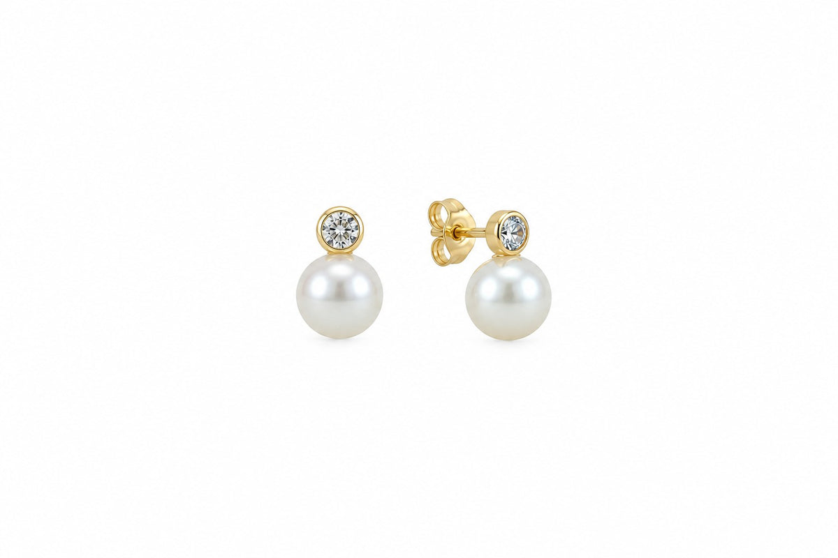 9ct Yellow Gold Freshwater Pearl and CZ Stud Earrings