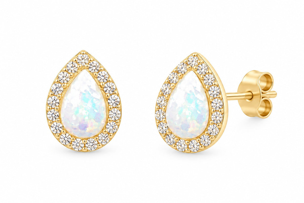 9ct Yellow Gold Created Opal & Cubic Zirconia Pear Cluster Stud Earrings