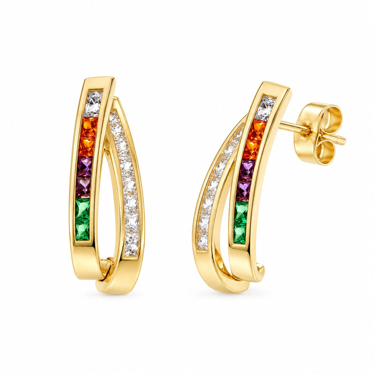 9ct Yellow Gold Channel Set Two-Row CZ and Mixed Colour Earrings
