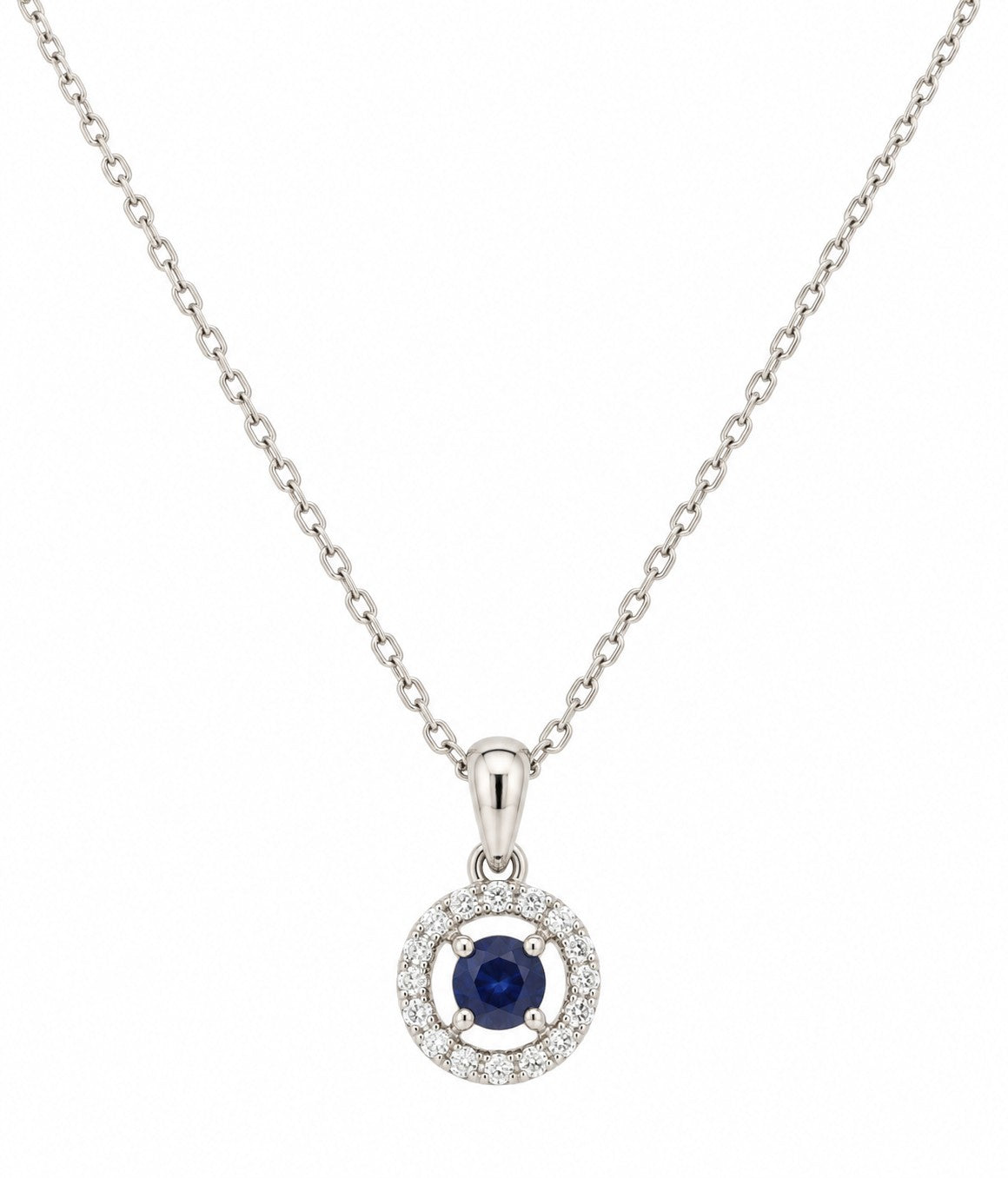 9ct White Gold Created Sapphire & Cubic Zirconia Pendant Necklace