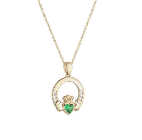 9ct Yellow Gold Green Cubic Zirconia Claddagh Pendant 18'