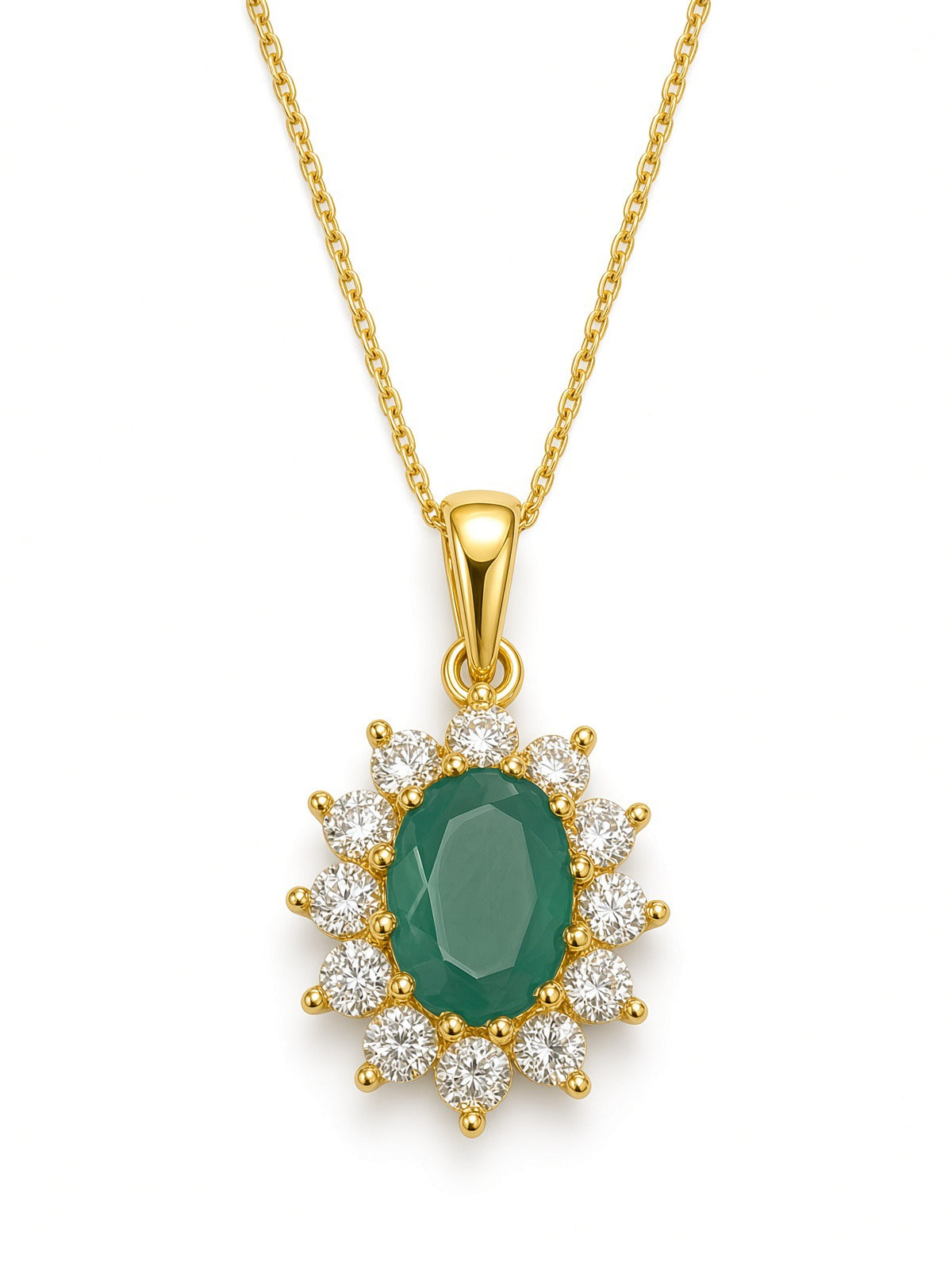 9ct Yellow Gold Oval Green Agate And Cubic Zirconia Pendant