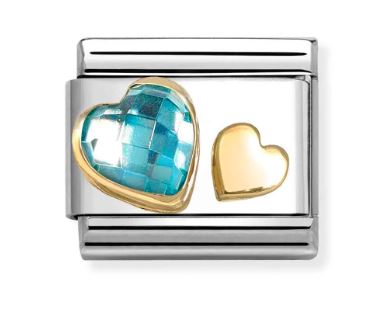 Nomination Composable Classic Faceted Light Blue Cubic Zirconia Heart Charm - Stainless Steel & Yellow Gold