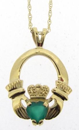 Vintage 9ct Yellow Gold Green Agate Claddagh Pendant