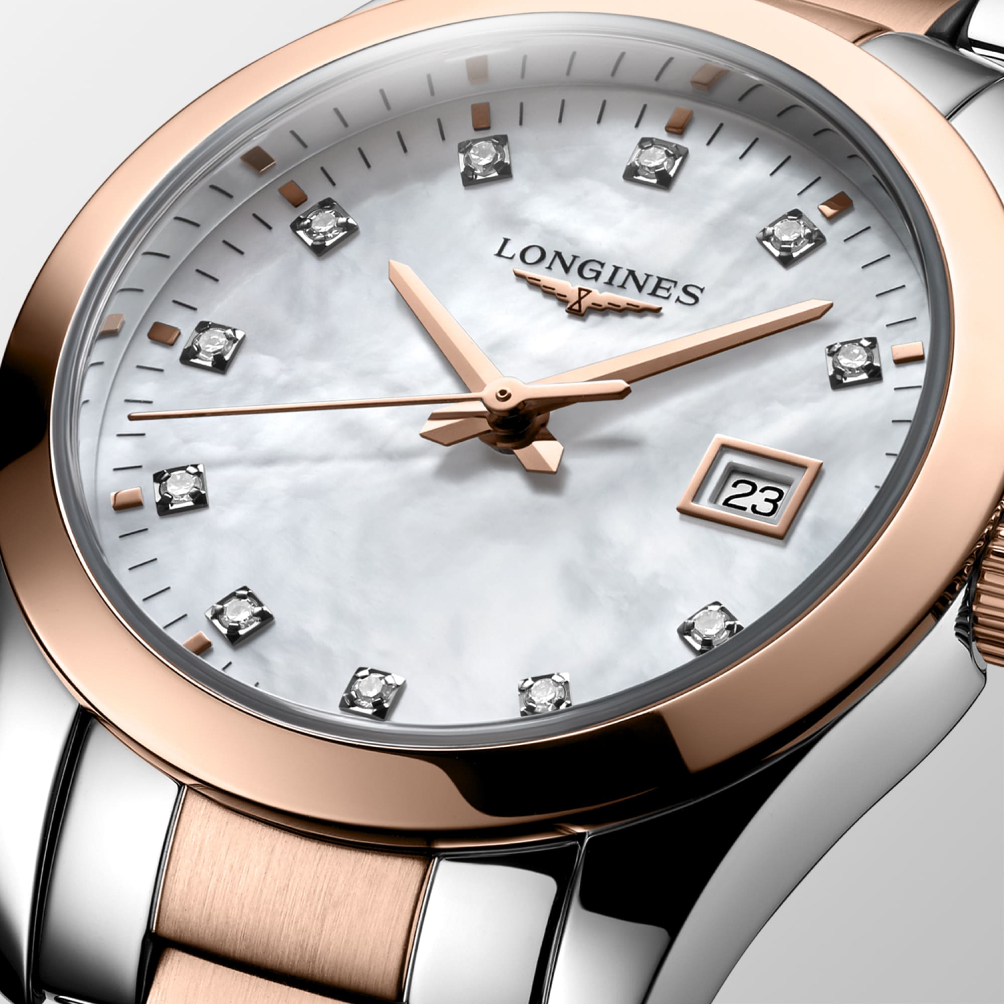 Longines Ladies Conquest Classic Quartz Watch 29.5mm Steel & Rose Gold PVD with Diamond Hour Markers
