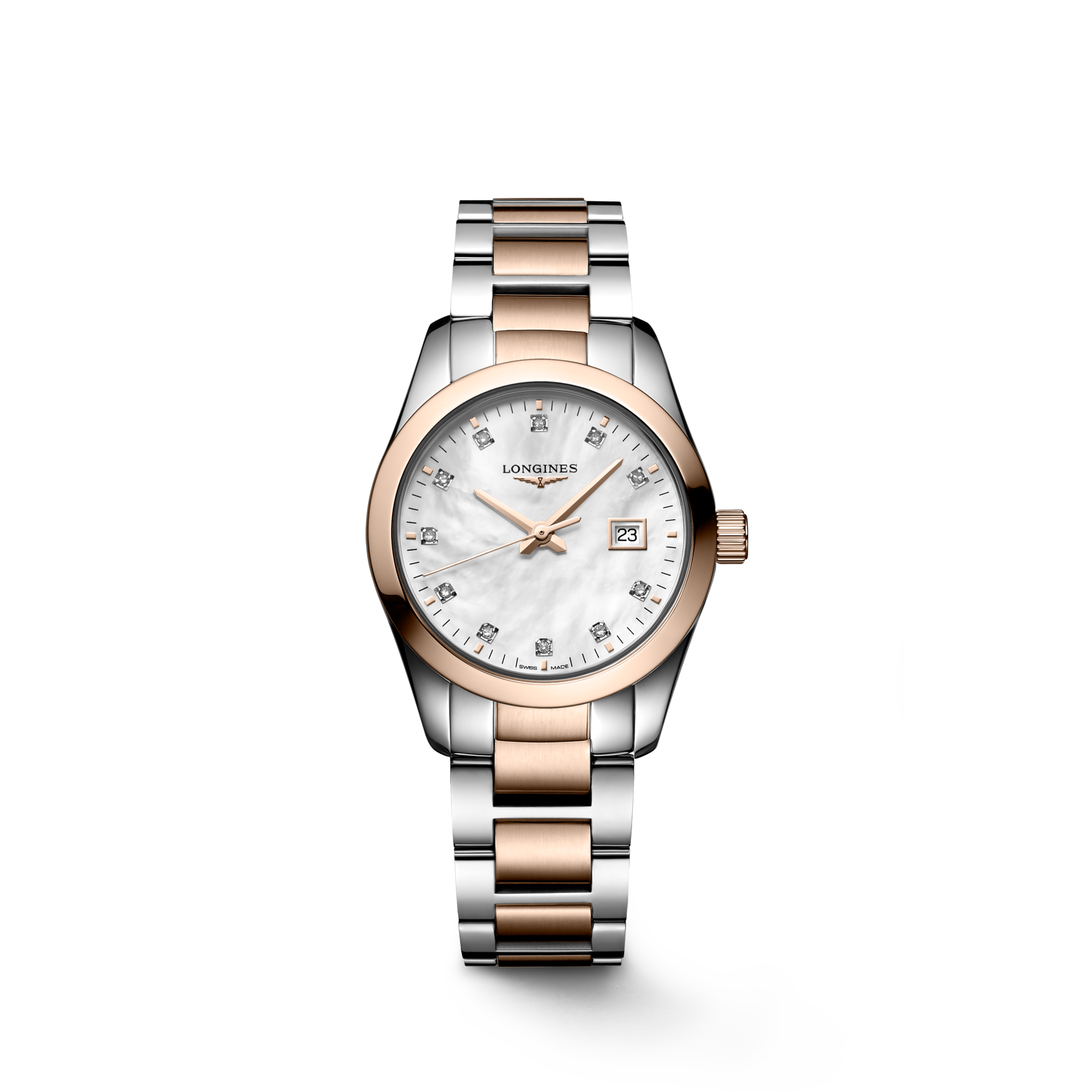 Longines Ladies Conquest Classic Quartz Watch 29.5mm Steel & Rose Gold PVD with Diamond Hour Markers