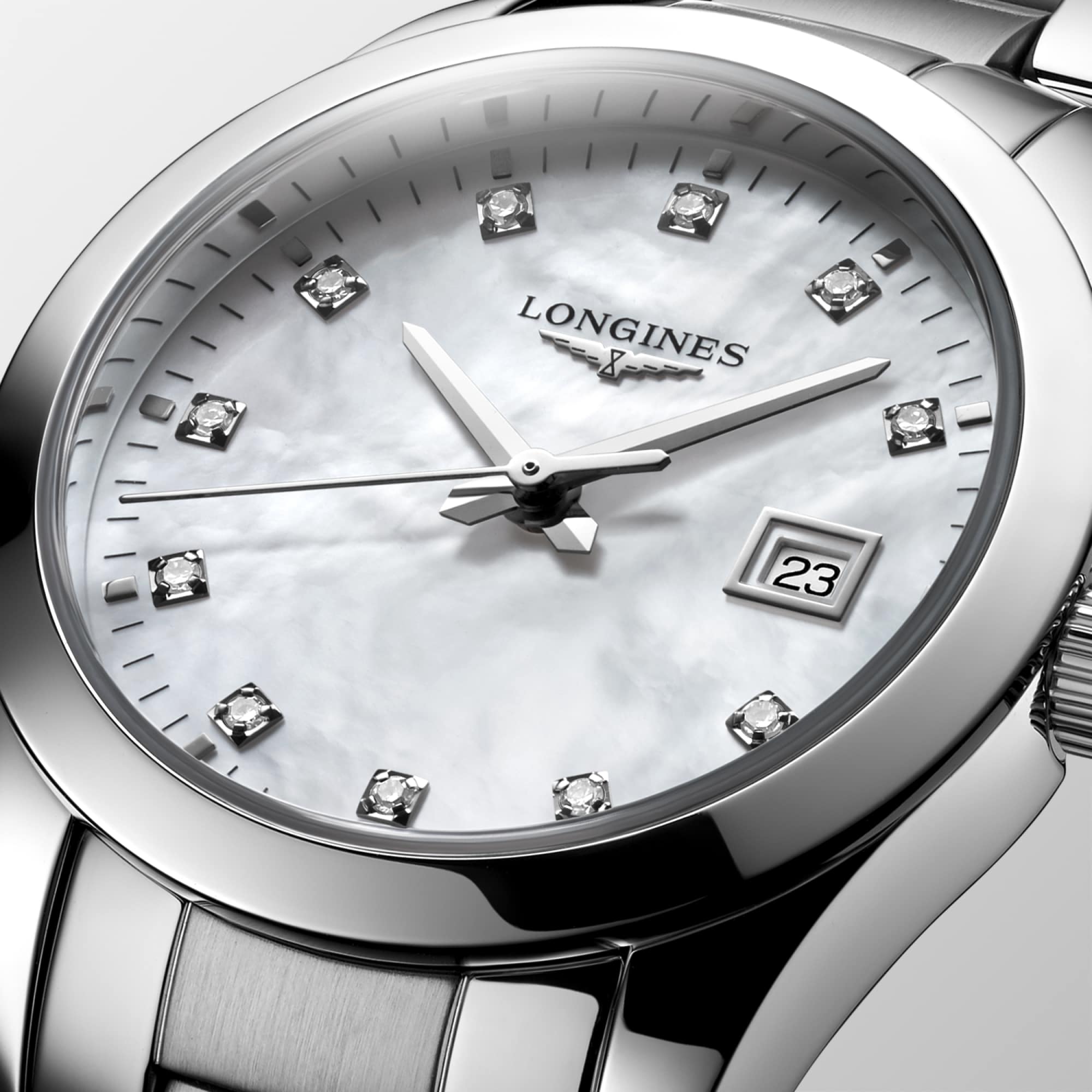 Longines Ladies Conquest Quartz Watch 29.5mm Mother of Pearl Dial with Diamond Hour Markers