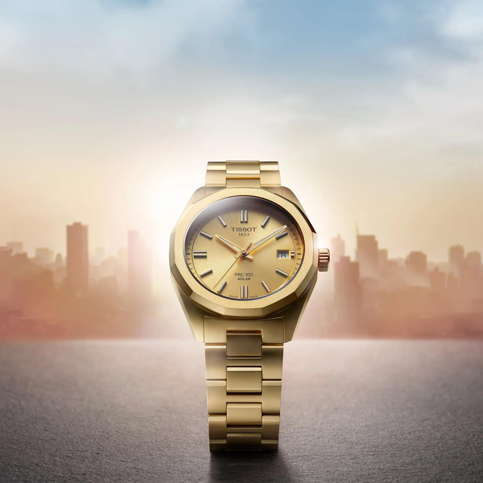 Tissot PRC 100 Solar Gold Champagne Dial Watch