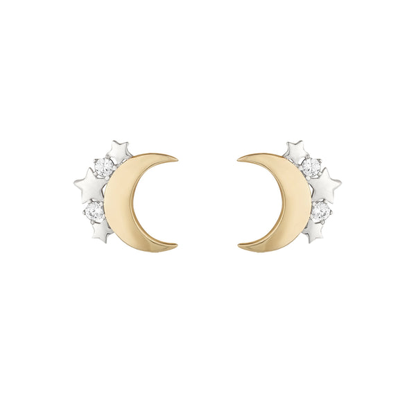 NJO Designs 9ct Yellow & White Gold 1/2 Moon, CZ & Stars Stud Earrings