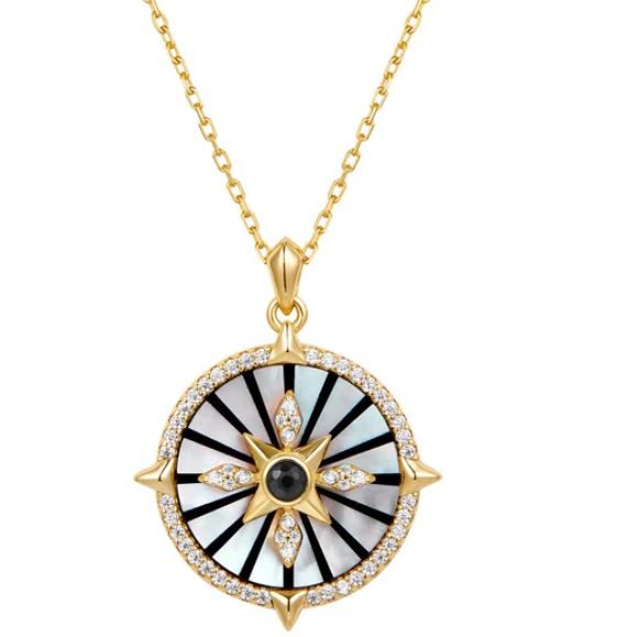 Ania Haie Silver and Yellow Gold Plated Astrolabe Pendant With Black Agate,Cubic Zirconia And MOP 48-53cm