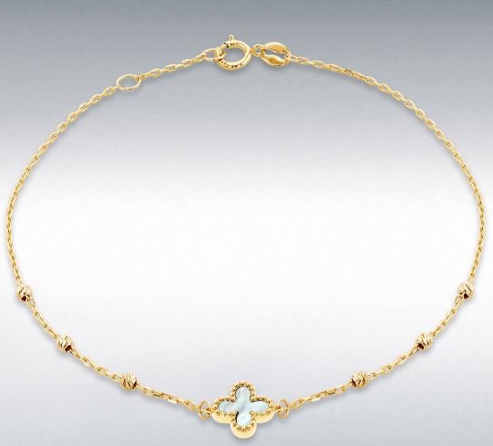 9ct Yellow Gold MOP Clover Diamond Cut Ball Bracelet