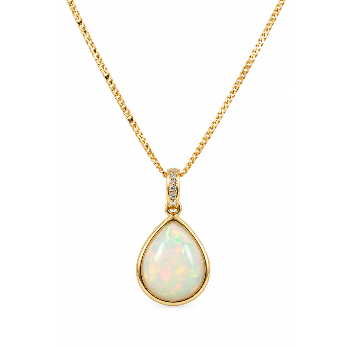 18ct Yellow Gold Pear Shape Rubover Ethiopia Opal And Diamond Pendant 16-18" 10x12mm