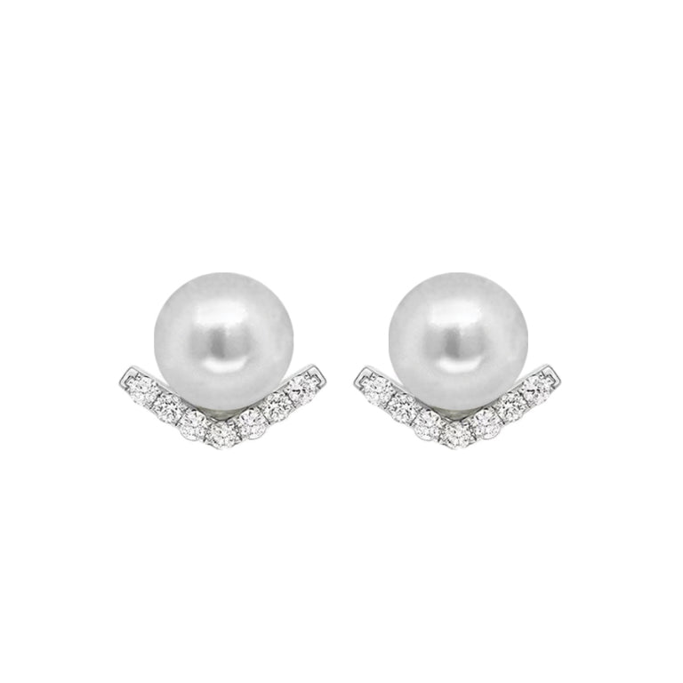 Sterling Silver Fresh Water Pearl And V Shaped CZ Stud Earrings 6mm