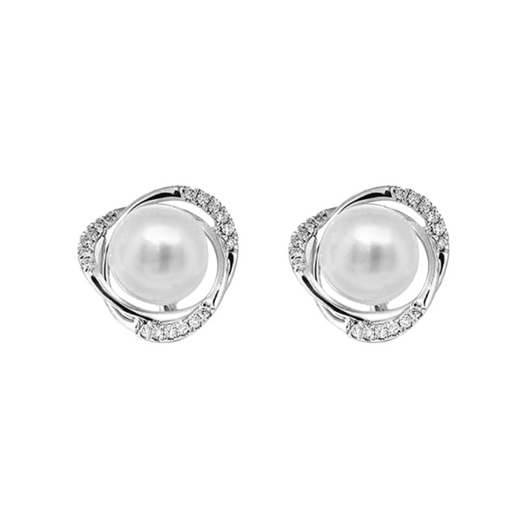 Sterling Silver Fresh Water Pearl CZ Knot Stud Earrings  8-9mm